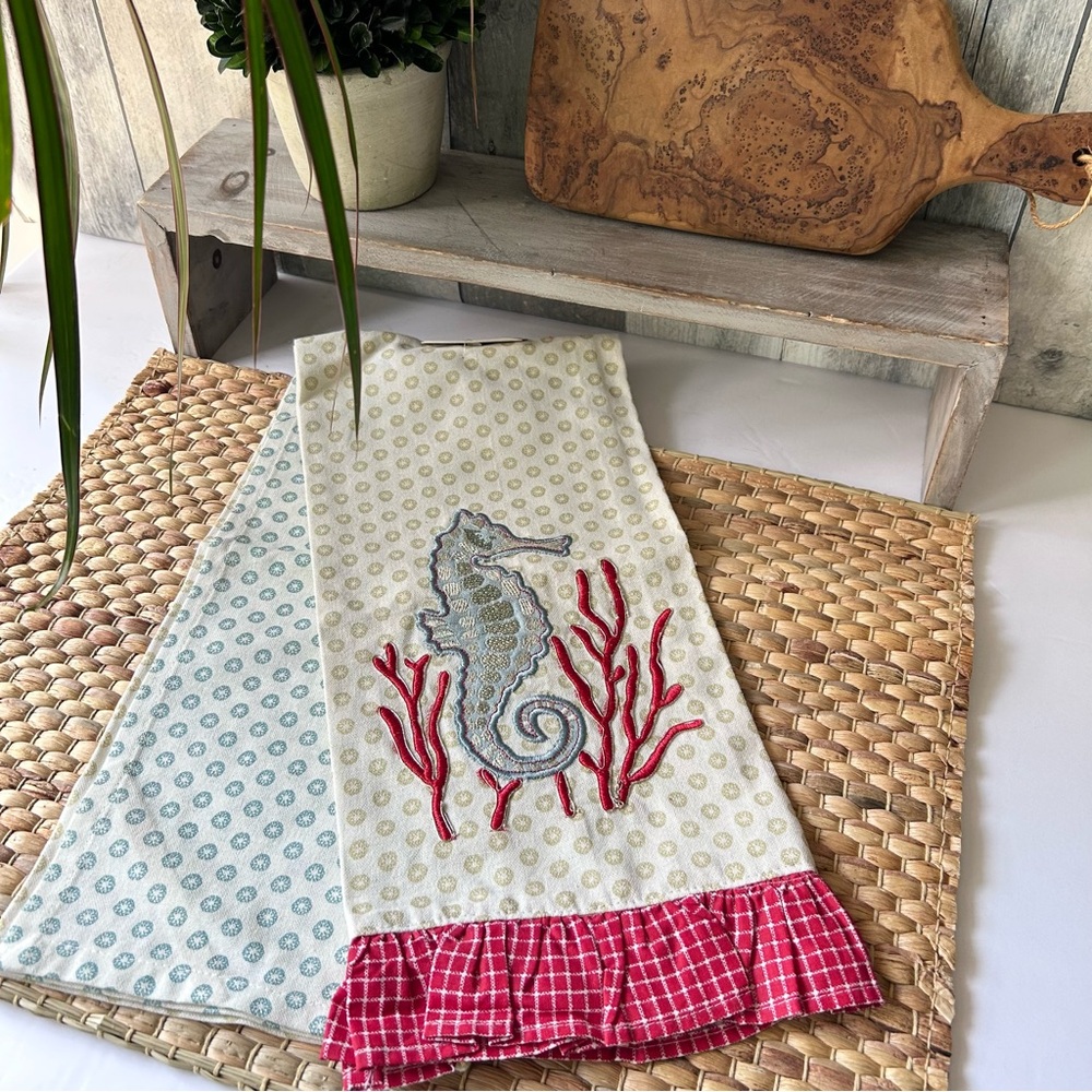 🌴Seahorse Embroidered Kitchen Towel with Ruffle Hem | White and Red
